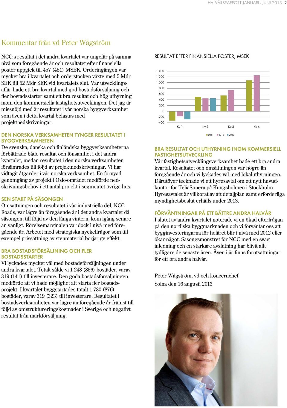 Vår utvecklingsaffär hade ett bra kvartal med god bostadsförsäljning och fler bostadsstarter samt ett bra resultat och hög uthyrning inom den kommersiella fastighetsutvecklingen.