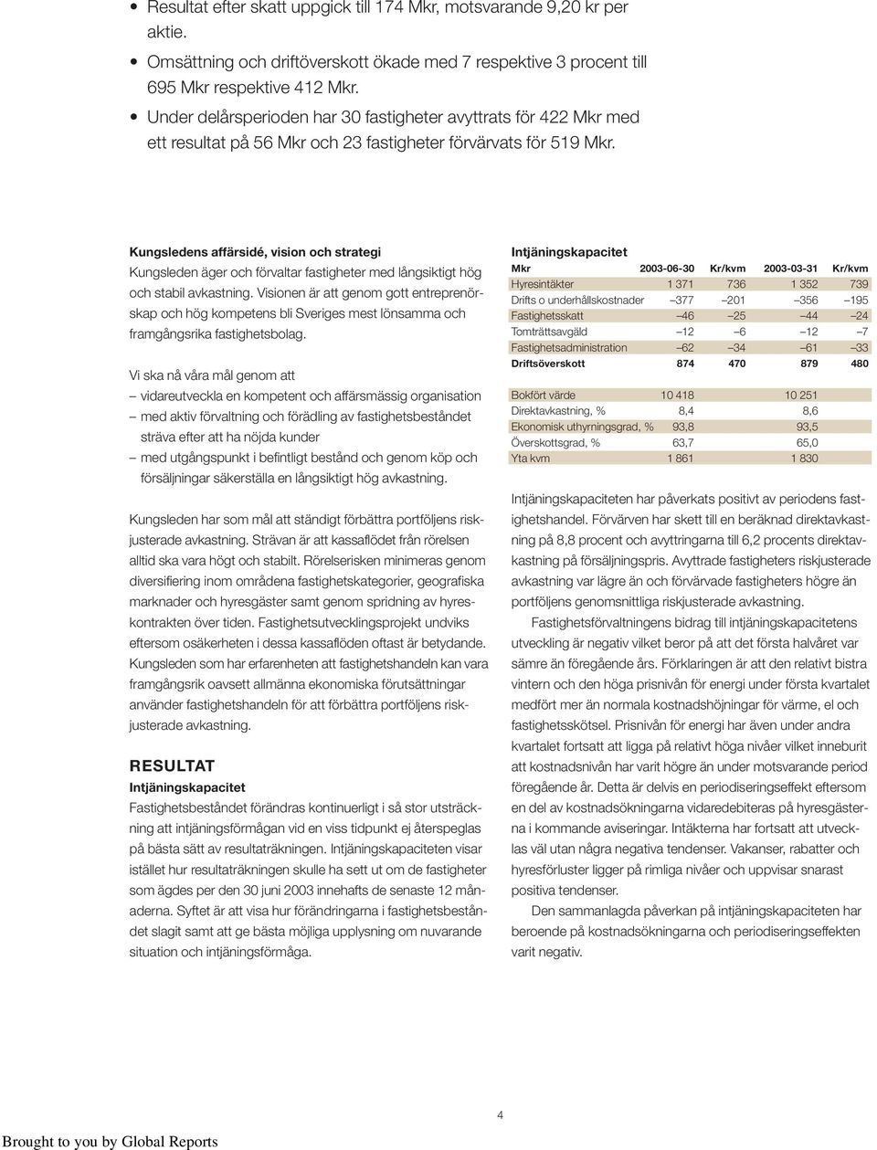 Kungsledens affärsidé, vision och strategi Kungsleden äger och förvaltar fastigheter med långsiktigt hög och stabil avkastning.