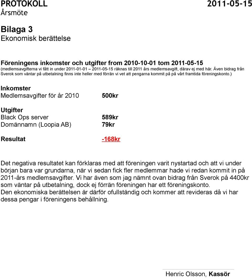 ) Inkomster Medlemsavgifter för år 2010 Utgifter Black Ops server Domännamn (Loopia AB) Resultat 500kr 589kr 79kr -168kr Det negativa resultatet kan förklaras med att föreningen varit nystartad och