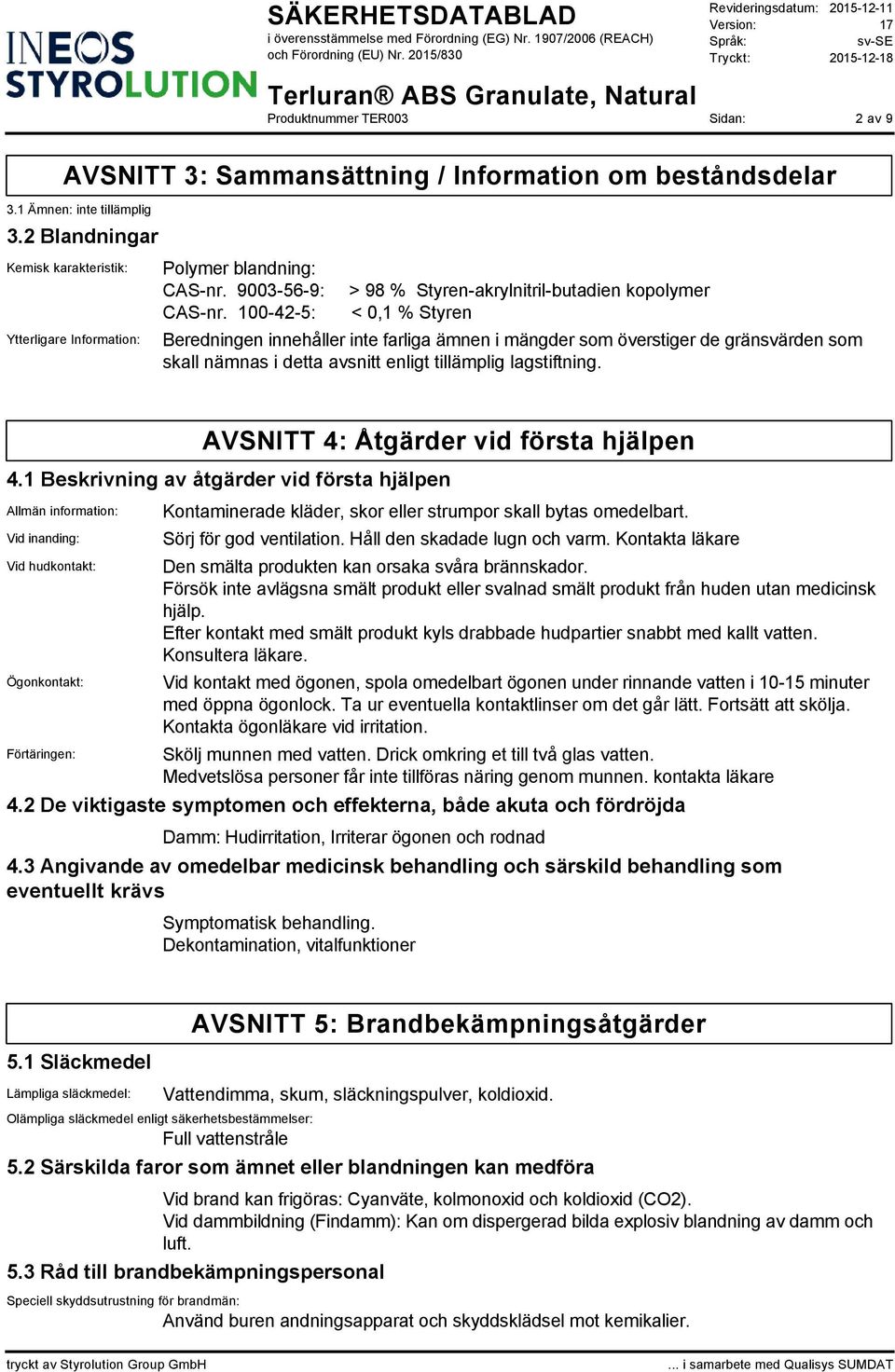 100-42-5: > 98 % Styren-akrylnitril-butadien kopolymer < 0,1 % Styren Beredningen innehåller inte farliga ämnen i mängder som överstiger de gränsvärden som skall nämnas i detta avsnitt enligt