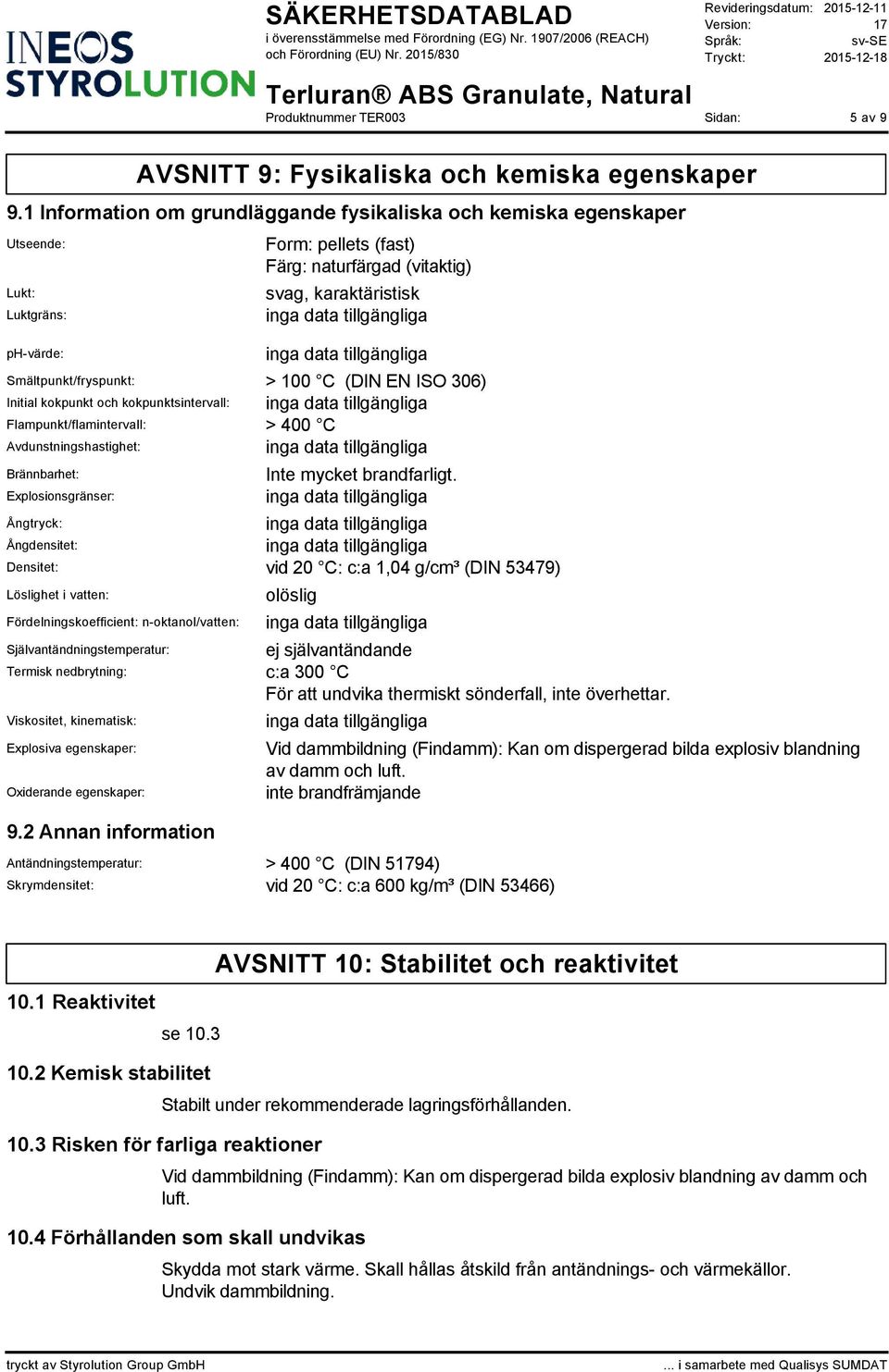 100 C (DIN EN ISO 306) Initial kokpunkt och kokpunktsintervall: Flampunkt/flamintervall: > 400 C Avdunstningshastighet: Brännbarhet: Explosionsgränser: Inte mycket brandfarligt.