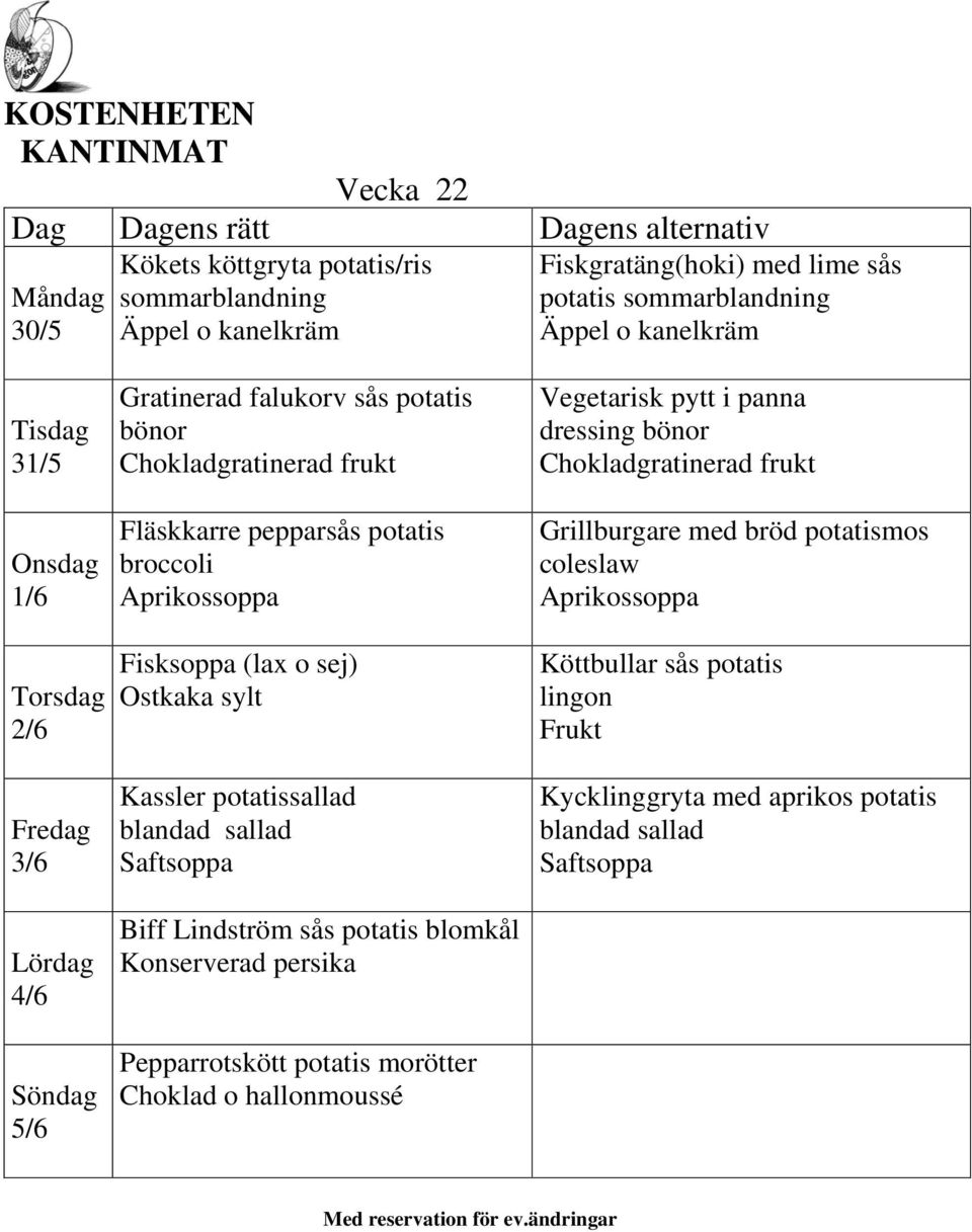 potatissallad blandad sallad Saftsoppa Biff Lindström sås potatis blomkål Konserverad persika Pepparrotskött potatis Choklad o hallonmoussé Vegetarisk pytt i