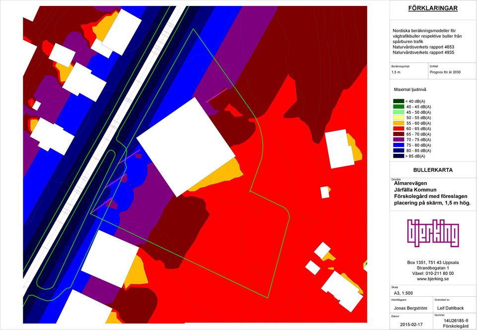 55-60 db(a) 60-65 db(a) 65-70 db(a) 70-75 db(a) 75-80 db(a) 80-85 db(a) > 85 db(a) BULLERKARTA Område Järfälla Kommun Förskolegård med föreslagen