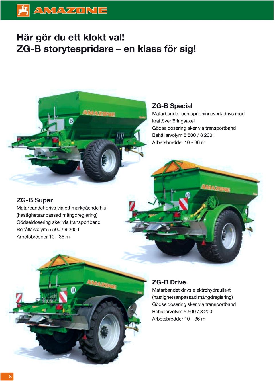 Arbetsbredder 10-36 m ZG-B Super Matarbandet drivs via ett markgående hjul (hastighetsanpassad mängdreglering) Gödseldosering sker via