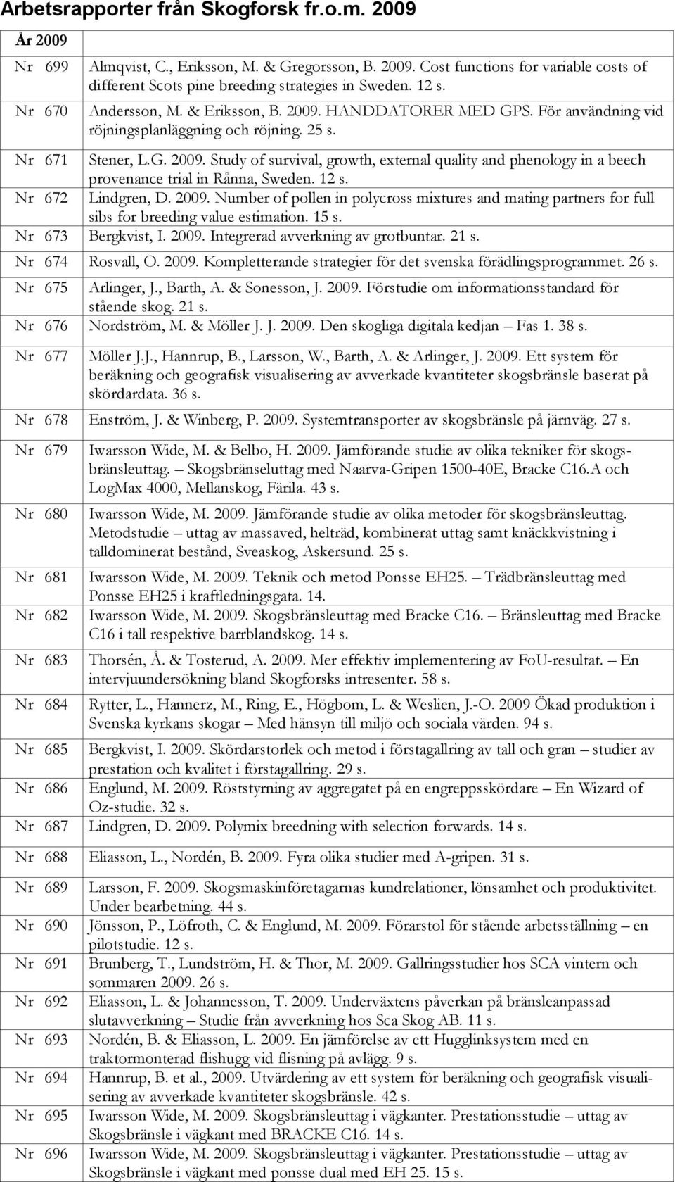 12 s. Nr 672 Lindgren, D. 2009. Number of pollen in polycross mixtures and mating partners for full sibs for breeding value estimation. 15 s. Nr 673 Bergkvist, I. 2009. Integrerad avverkning av grotbuntar.