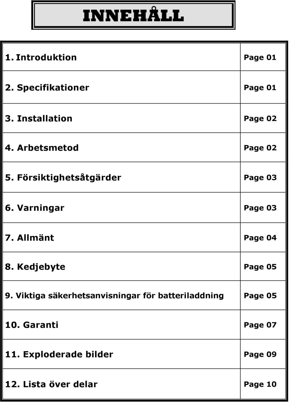 Varningar Page 03 7. Allmänt Page 04 8. Kedjebyte Page 05 9.