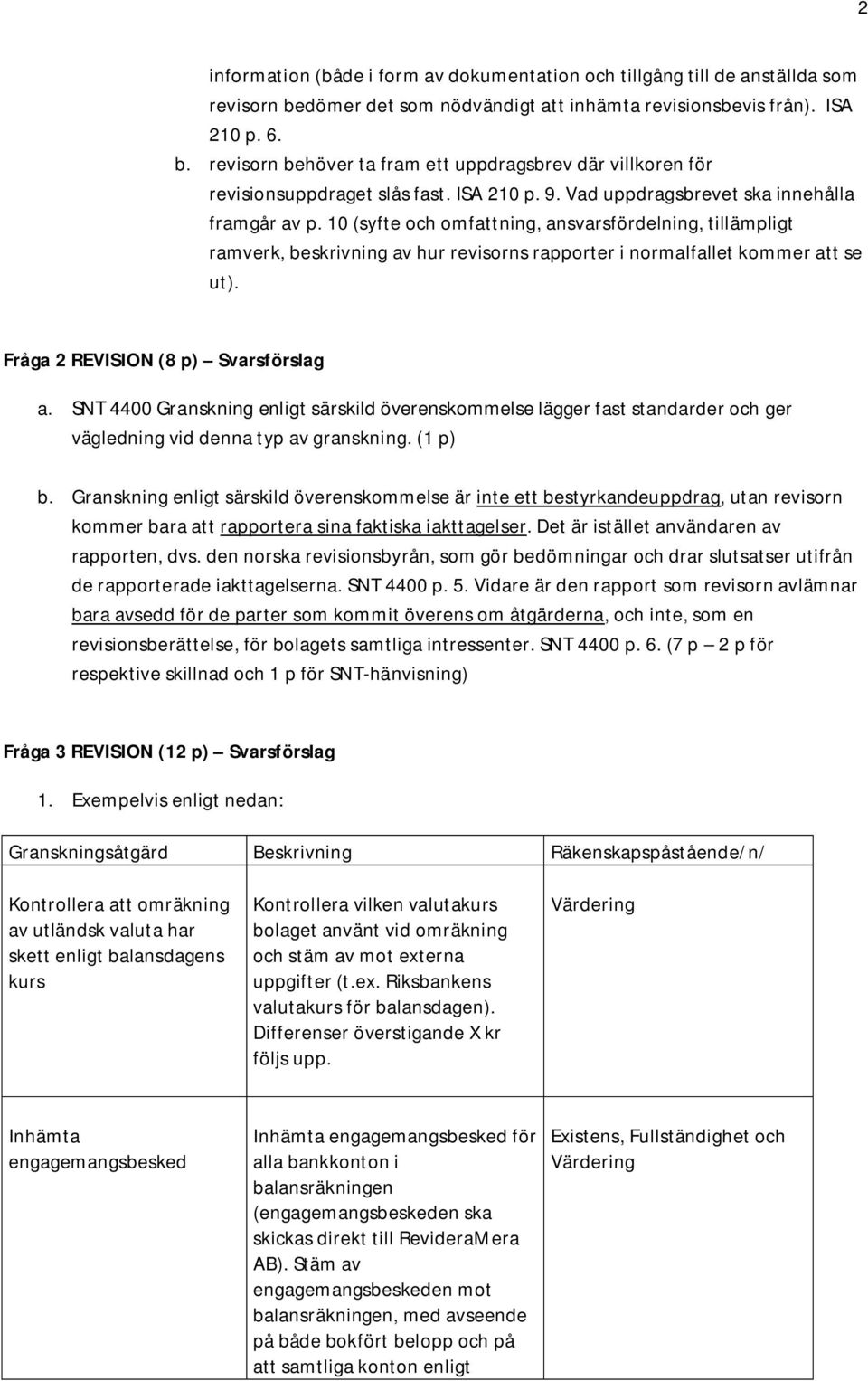 Fråga 2 REVISION (8 p) Svarsförslag a. SNT 4400 Granskning enligt särskild överenskommelse lägger fast standarder och ger vägledning vid denna typ av granskning. (1 p) b.