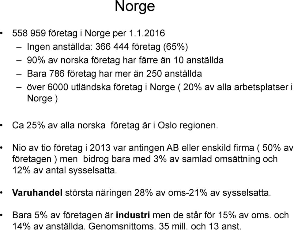 företag i Norge ( 20% av alla arbetsplatser i Norge ) Ca 25% av alla norska företag är i Oslo regionen.