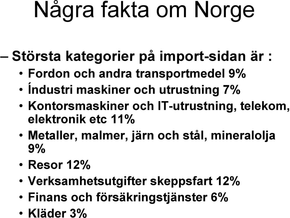 IT-utrustning, telekom, elektronik etc 11% Metaller, malmer, järn och stål,