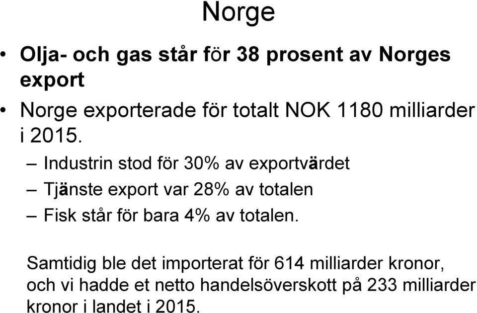 Industrin stod för 30% av exportvärdet Tjänste export var 28% av totalen Fisk står för