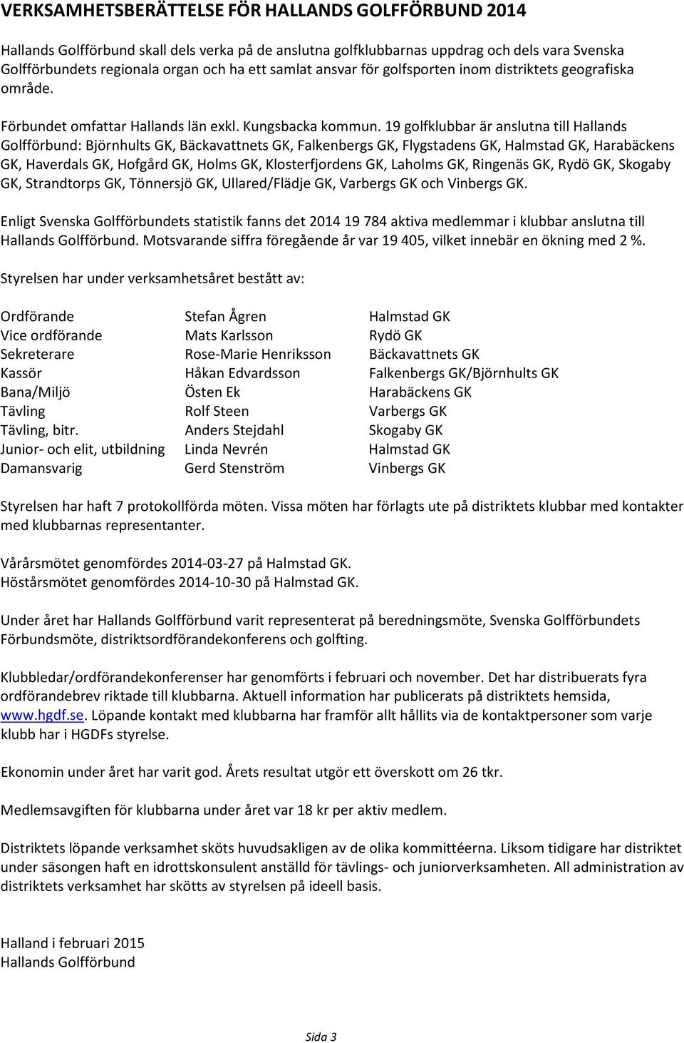 19 golfklubbar är anslutna till Hallands Golfförbund: Björnhults GK, Bäckavattnets GK, Falkenbergs GK, Flygstadens GK, Halmstad GK, Harabäckens GK, Haverdals GK, Hofgård GK, Holms GK, Klosterfjordens