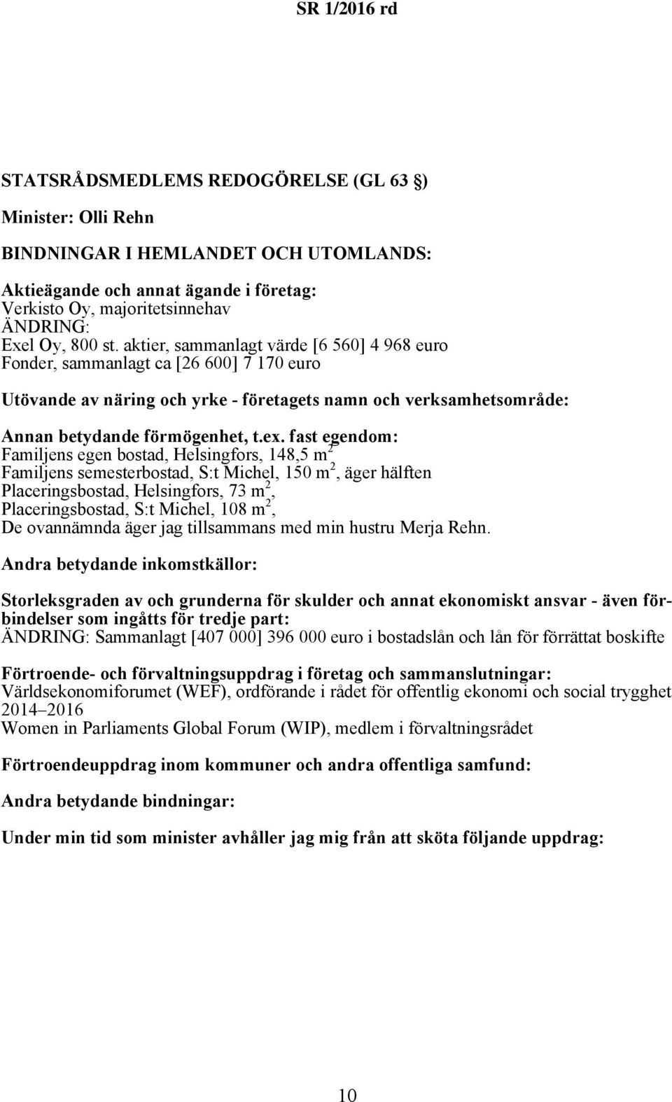 Placeringsbostad, Helsingfors, 73 m 2, Placeringsbostad, S:t Michel, 108 m 2, De ovannämnda äger jag tillsammans med min hustru Merja Rehn.