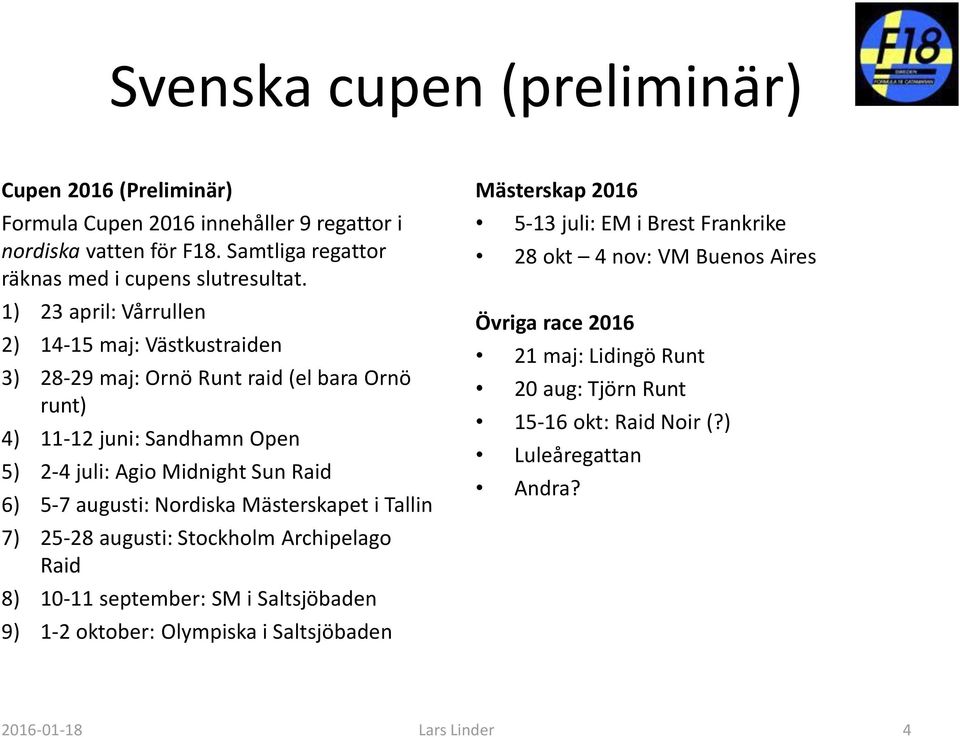 augusti: Nordiska Mästerskapet i Tallin 7) 25-28 augusti: Stockholm Archipelago Raid 8) 10-11 september: SM i Saltsjöbaden 9) 1-2 oktober: Olympiska i Saltsjöbaden Mästerskap