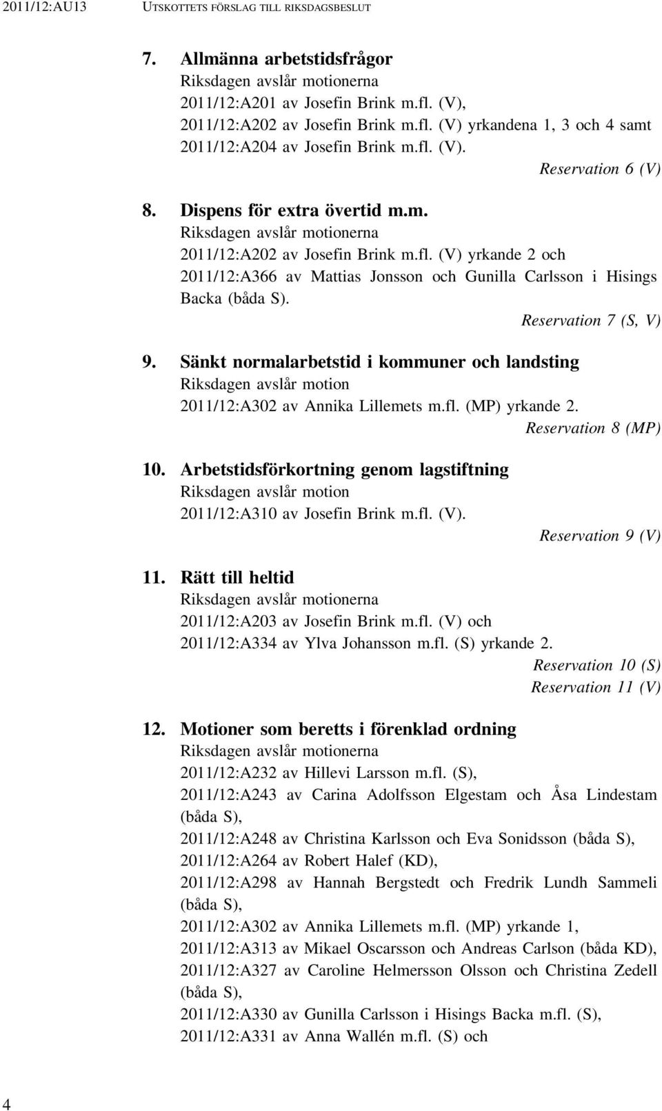 Reservation 7 (S, V) 9. Sänkt normalarbetstid i kommuner och landsting Riksdagen avslår motion 2011/12:A302 av Annika Lillemets m.fl. (MP) yrkande 2. Reservation 8 (MP) 10.