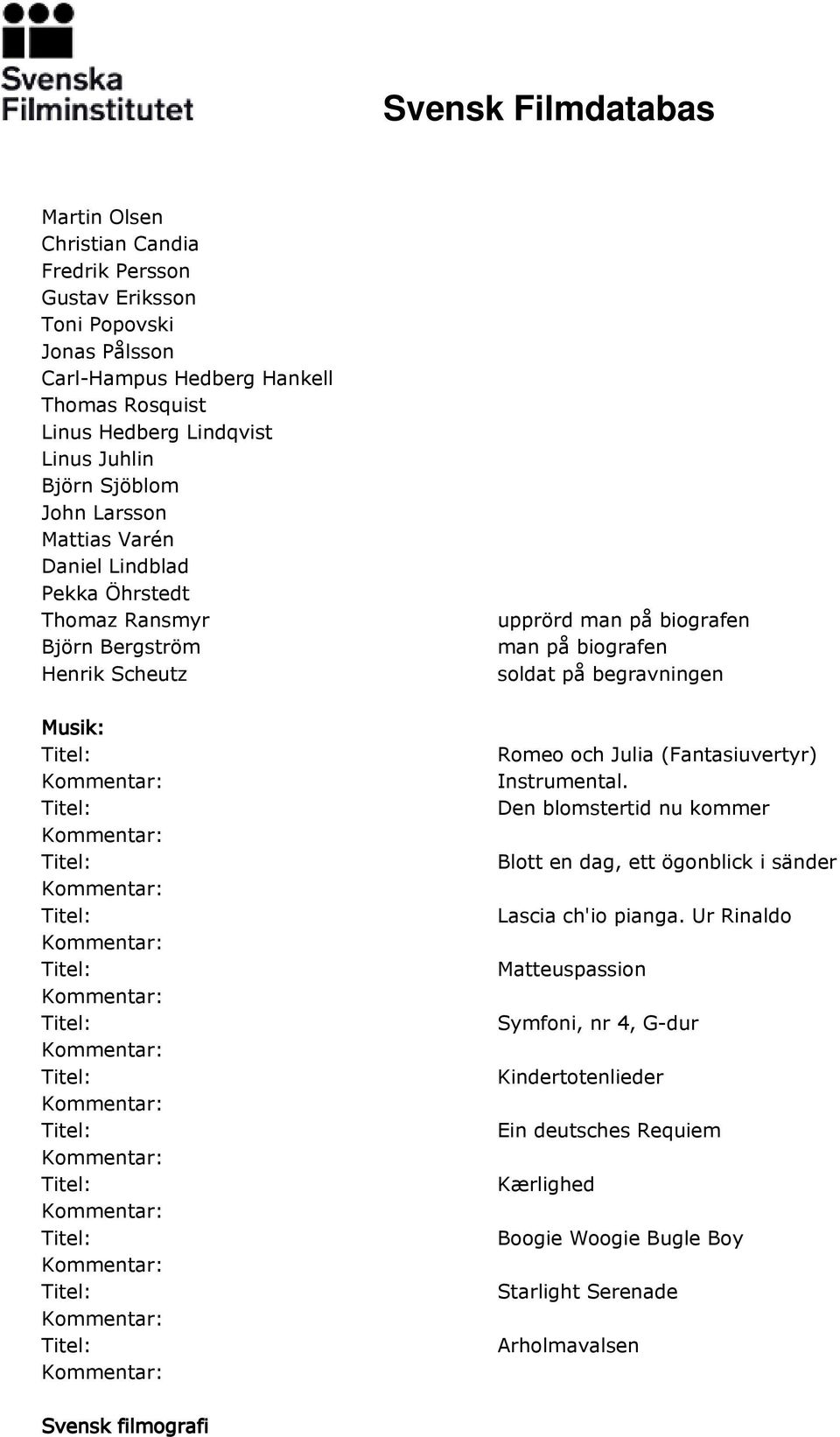 biografen soldat på begravningen Romeo och Julia (Fantasiuvertyr) Instrumental. Den blomstertid nu kommer Blott en dag, ett ögonblick i sänder Lascia ch'io pianga.