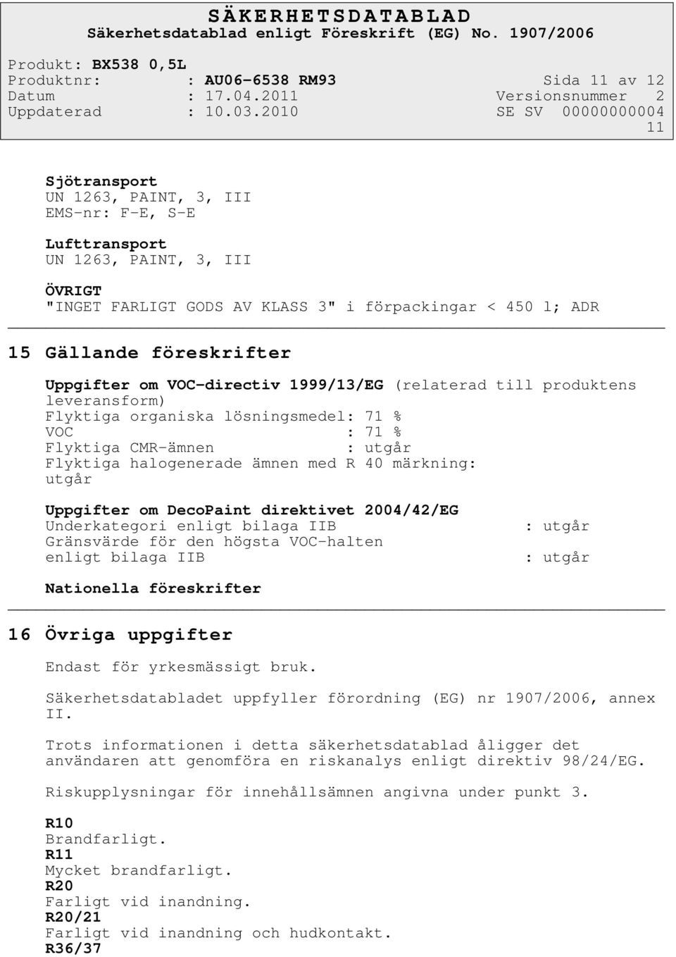 halogenerade ämnen med R 40 märkning: utgår Uppgifter om DecoPaint direktivet 2004/42/EG Underkategori enligt bilaga IIB Gränsvärde för den högsta VOC-halten enligt bilaga IIB : utgår : utgår