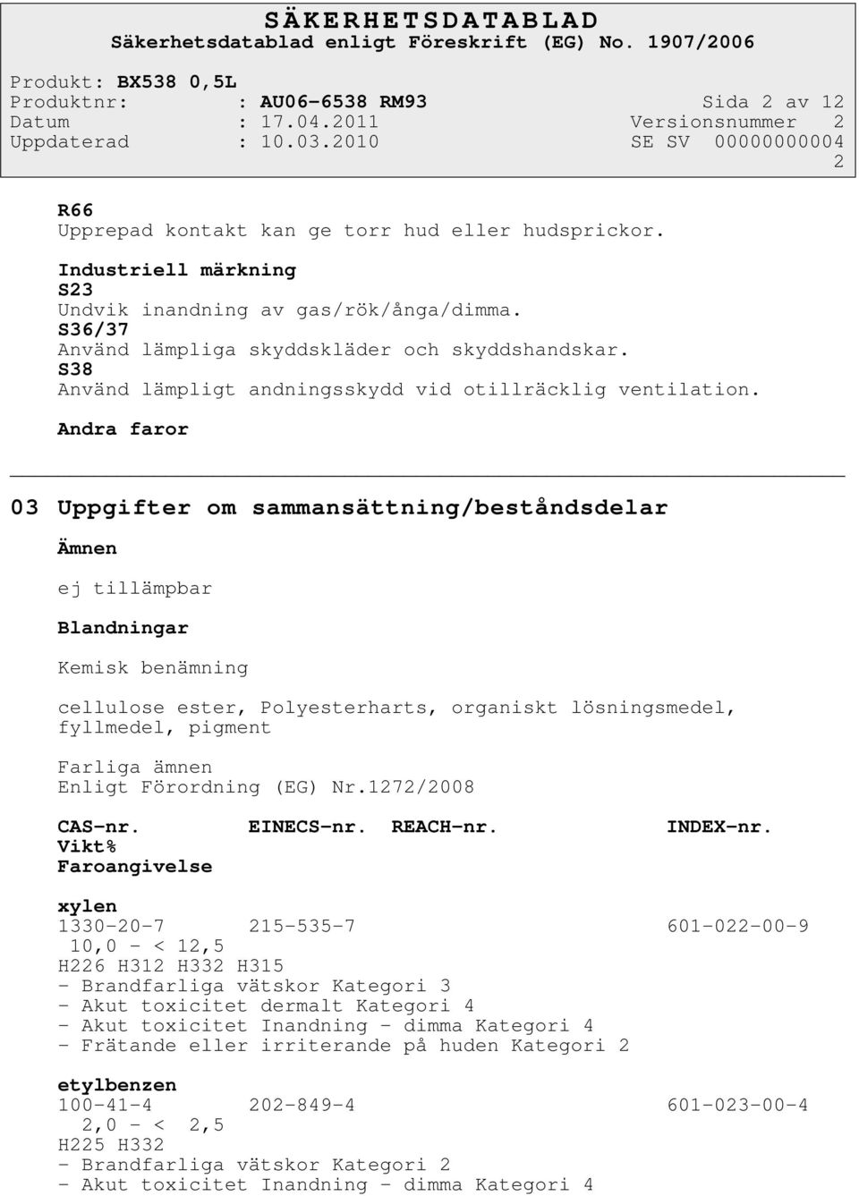 Andra faror 03 Uppgifter om sammansättning/beståndsdelar Ämnen ej tillämpbar Blandningar Kemisk benämning cellulose ester, Polyesterharts, organiskt lösningsmedel, fyllmedel, pigment Farliga ämnen