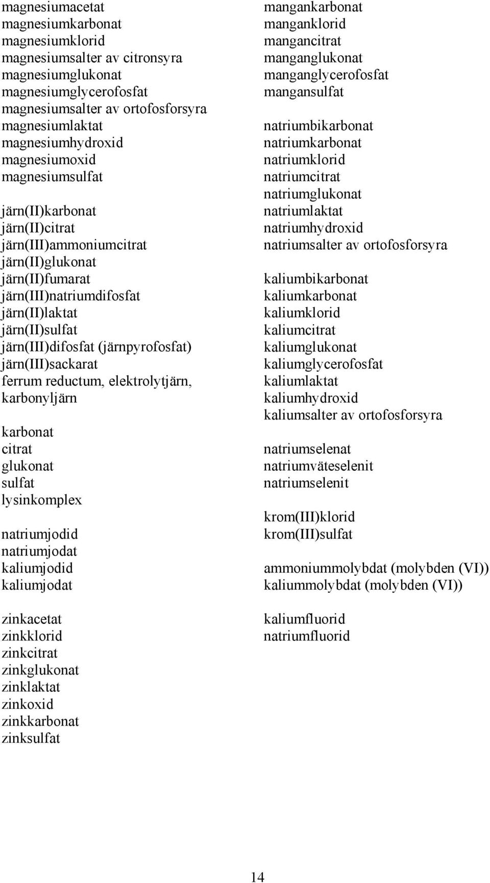 (järnpyrofosfat) järn(iii)sackarat ferrum reductum, elektrolytjärn, karbonyljärn karbonat citrat glukonat sulfat lysinkomplex natriumjodid natriumjodat kaliumjodid kaliumjodat zinkacetat zinkklorid