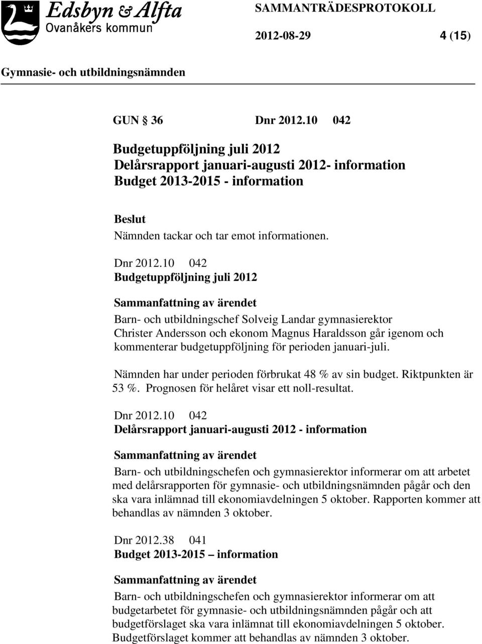 10 042 Budgetuppföljning juli 2012 Sammanfattning av ärendet Barn- och utbildningschef Solveig Landar gymnasierektor Christer Andersson och ekonom Magnus Haraldsson går igenom och kommenterar