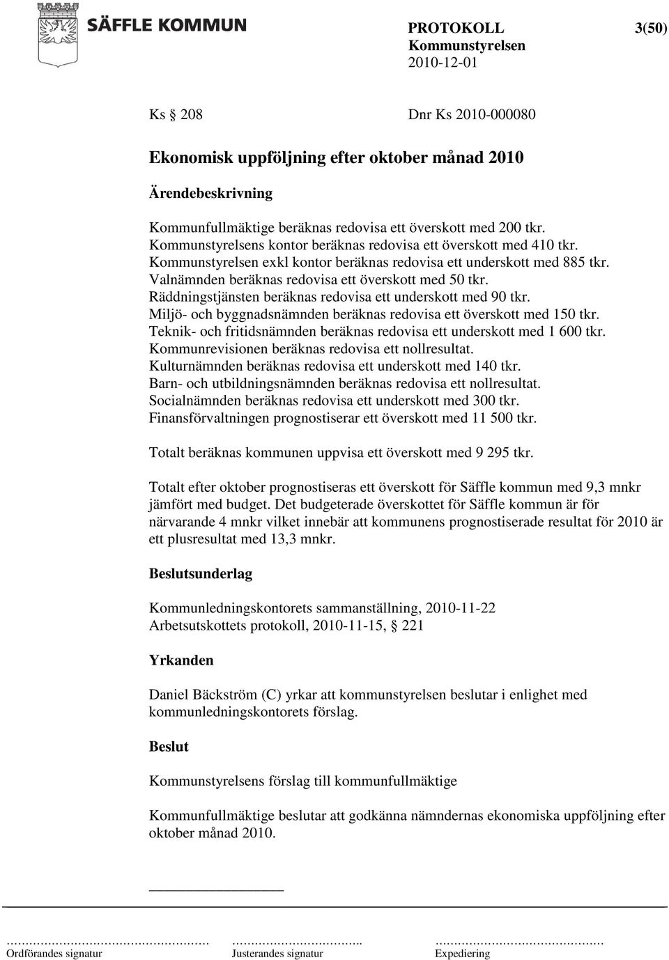 Räddningstjänsten beräknas redovisa ett underskott med 90 tkr. Miljö- och byggnadsnämnden beräknas redovisa ett överskott med 150 tkr.