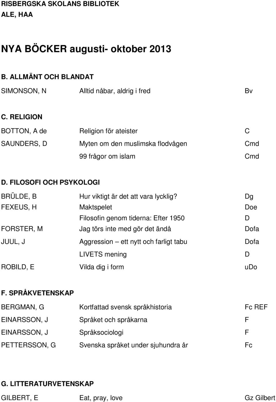 Dg FEXEUS, H Maktspelet Doe Filosofin genom tiderna: Efter 1950 D FORSTER, M Jag törs inte med gör det ändå Dofa JUUL, J Aggression ett nytt och farligt tabu Dofa LIVETS mening D ROBILD, E Vilda