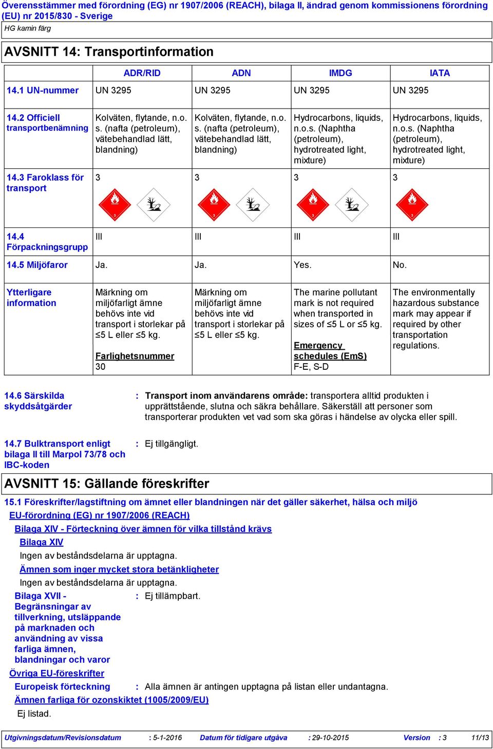 o.s. (Naphtha (petroleum), hydrotreated light, mixture) 14.3 Faroklass för transport 3 3 3 3 14.4 Förpackningsgrupp III III III III 14.5 Miljöfaror Ja. Ja. Yes. No.