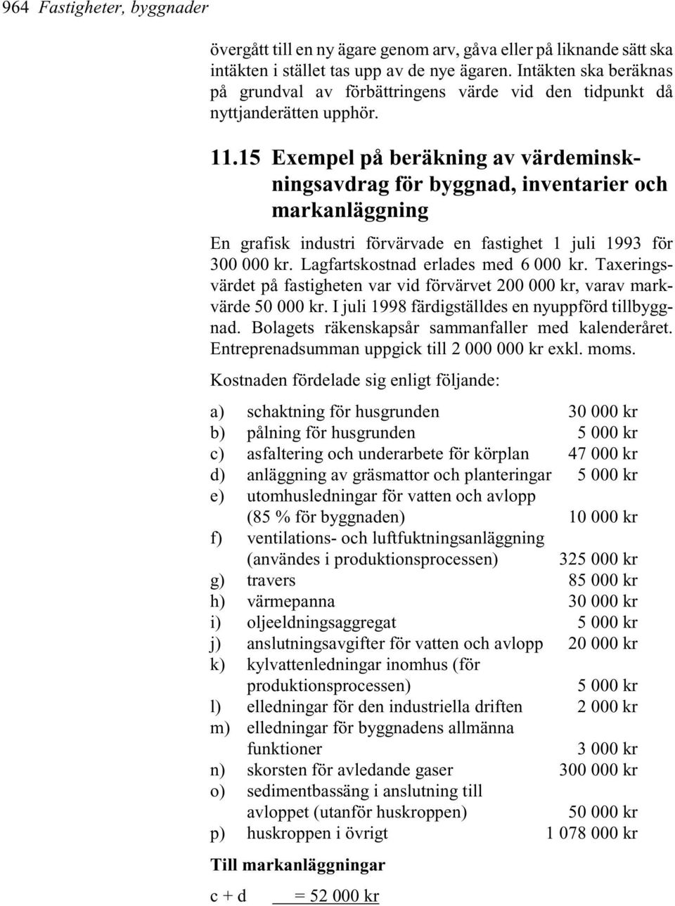 15 Exempel på beräkning av värdeminskningsavdrag för byggnad, inventarier och markanläggning En grafisk industri förvärvade en fastighet 1 juli 1993 för 300 000 kr.