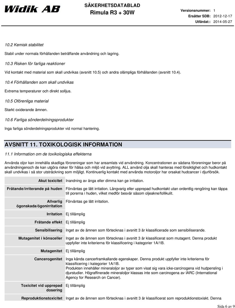 AVSNITT 11. TOXIKOLOGISK INFORMATION 11.1 Information om de toxikologiska effekterna Använda oljor kan innehålla skadliga föroreningar som har ansamlats vid användning.