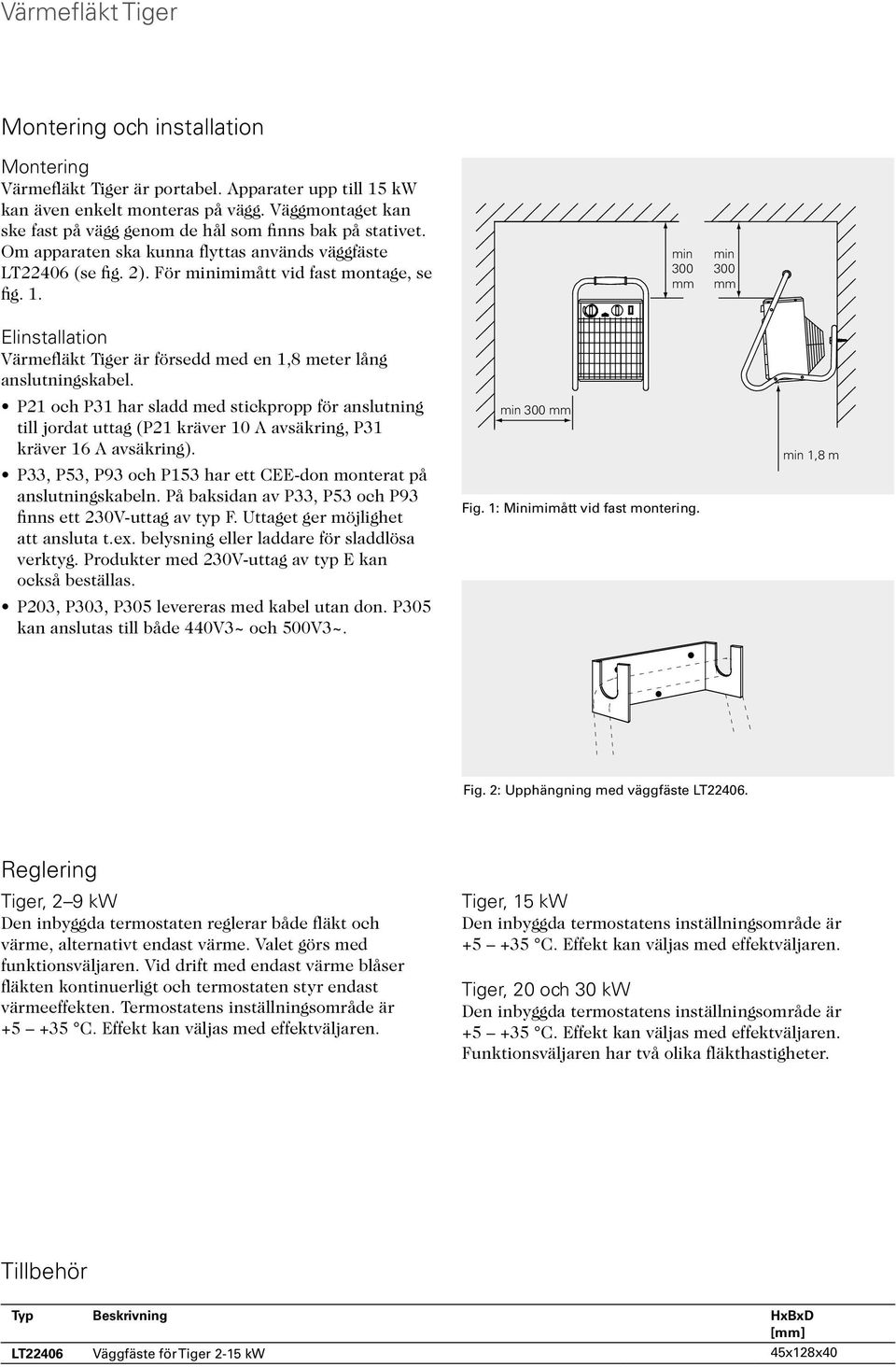 min 300 mm min 300 mm Elinstallation Värmefläkt Tiger är försedd med en 1,8 meter lång anslutningskabel.