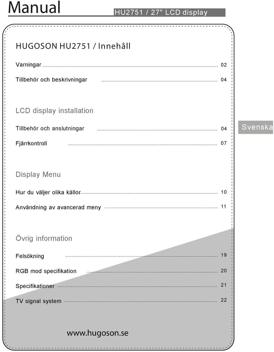 Svenska Display Menu Hur du väljer olika källor Användning av avancerad meny 10 11 Övrig