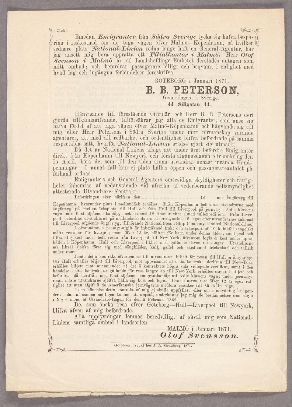 försâtkrar n Januar GÖTEBORG 1871 PETERSON Svrg Gnralagnt +1 Sllgatan -1 Crcular B B - Ptrsons dr ans sg jag alla d Emgrantr hva hanvända Vägn öfvrmalmö-köpnhamn sg Ptrsons Södra mtt mg llr Svrg