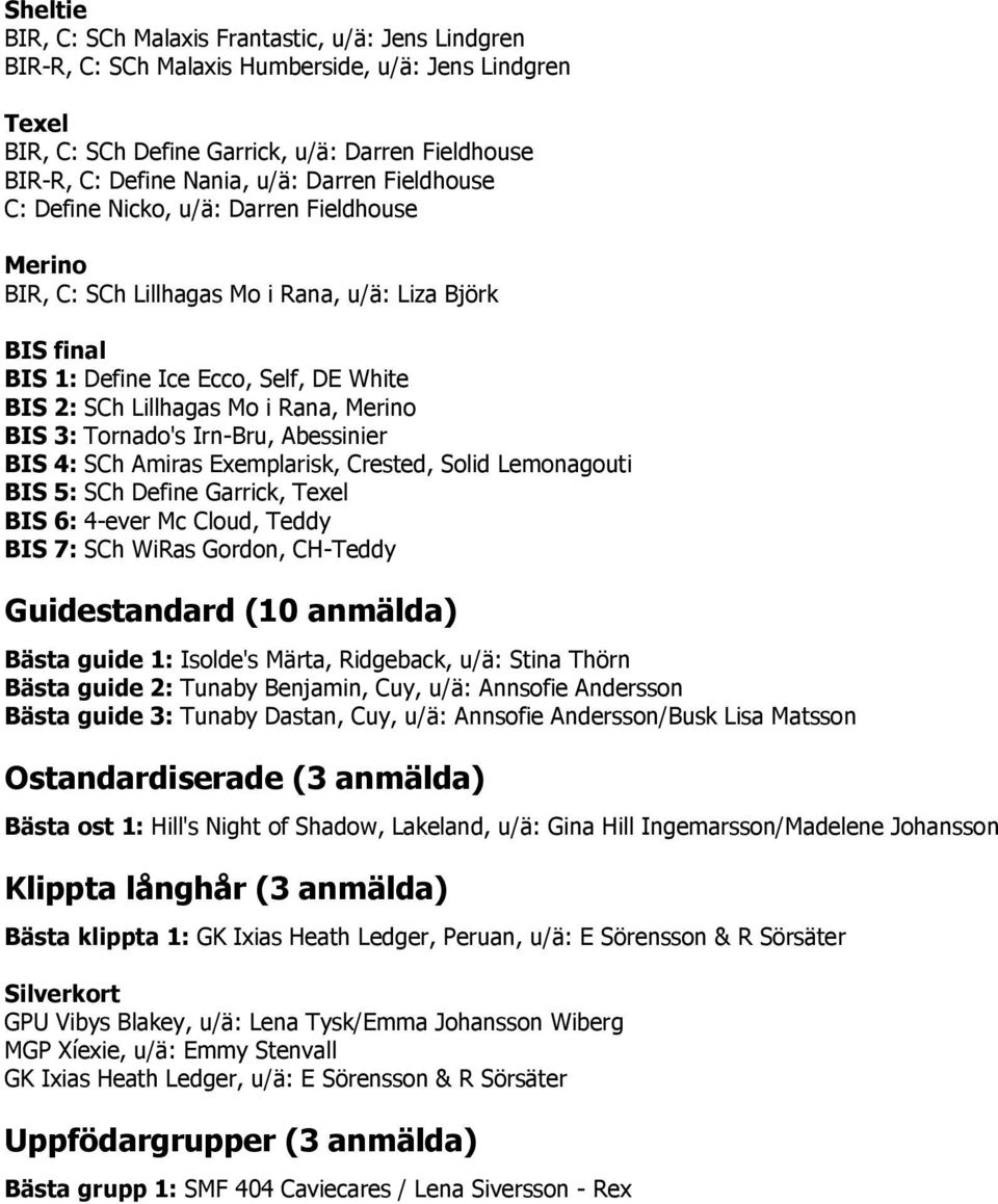 Merino BIS 3: Tornado's Irn-Bru, Abessinier BIS 4: SCh Amiras Exemplarisk, Crested, Solid Lemonagouti BIS 5: SCh Define Garrick, Texel BIS 6: 4-ever Mc Cloud, Teddy BIS 7: SCh WiRas Gordon, CH-Teddy