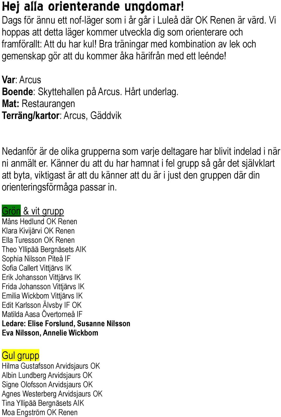 Mat: Restaurangen Terräng/kartor: Arcus, Gäddvik Nedanför är de olika grupperna som varje deltagare har blivit indelad i när ni anmält er.