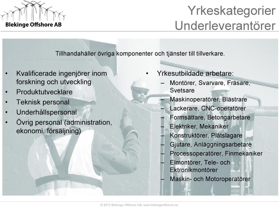 ekonomi, försäljning) Yrkesutbildade arbetare: Montörer, Svarvare, Fräsare, Svetsare Maskinoperatörer, Blästrare Lackerare, CNC-operatörer