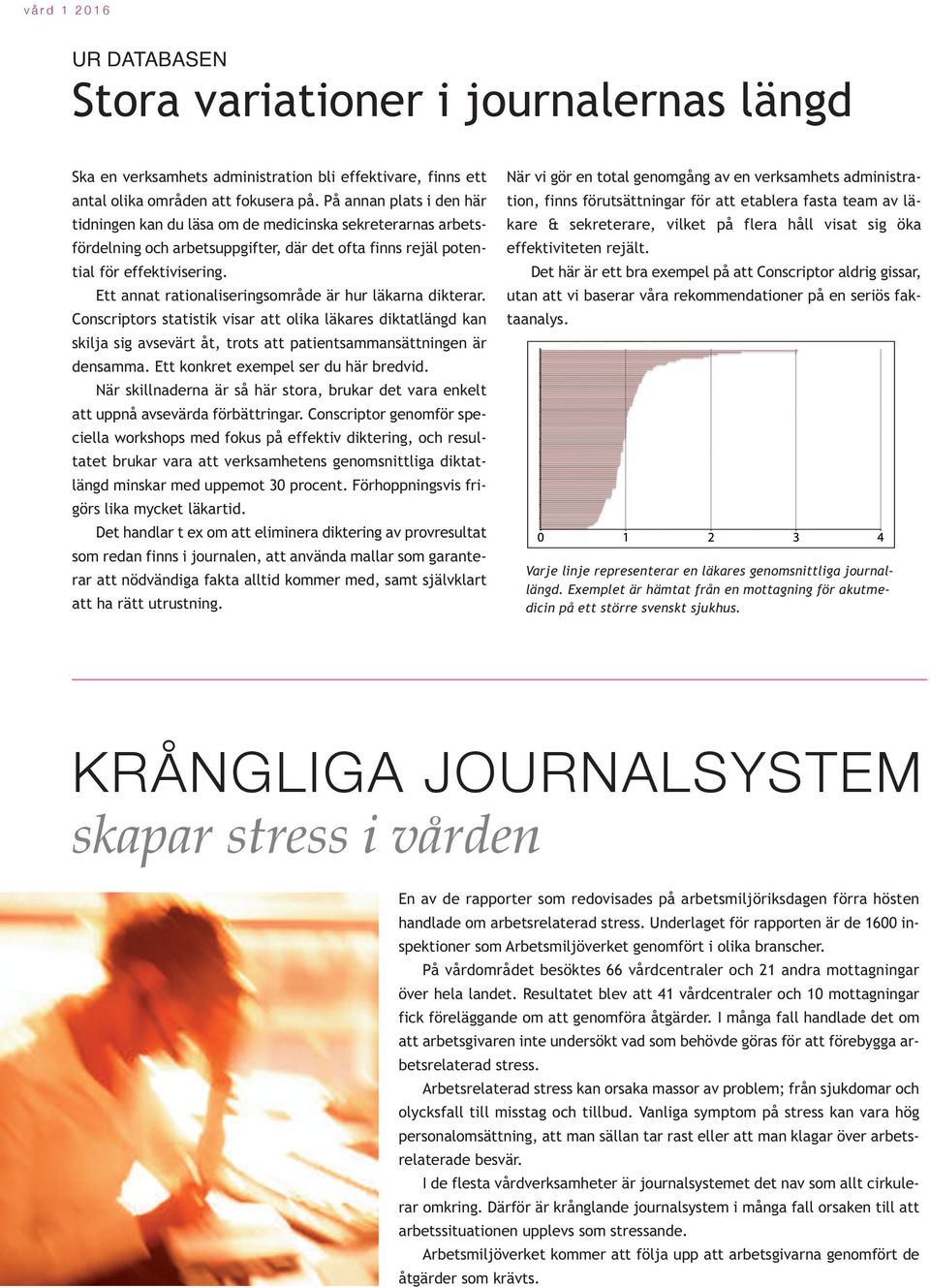 Ett annat rationaliseringsområde är hur läkarna dikterar. Conscriptors statistik visar att olika läkares diktatlängd kan skilja sig avsevärt åt, trots att patientsammansättningen är densamma.