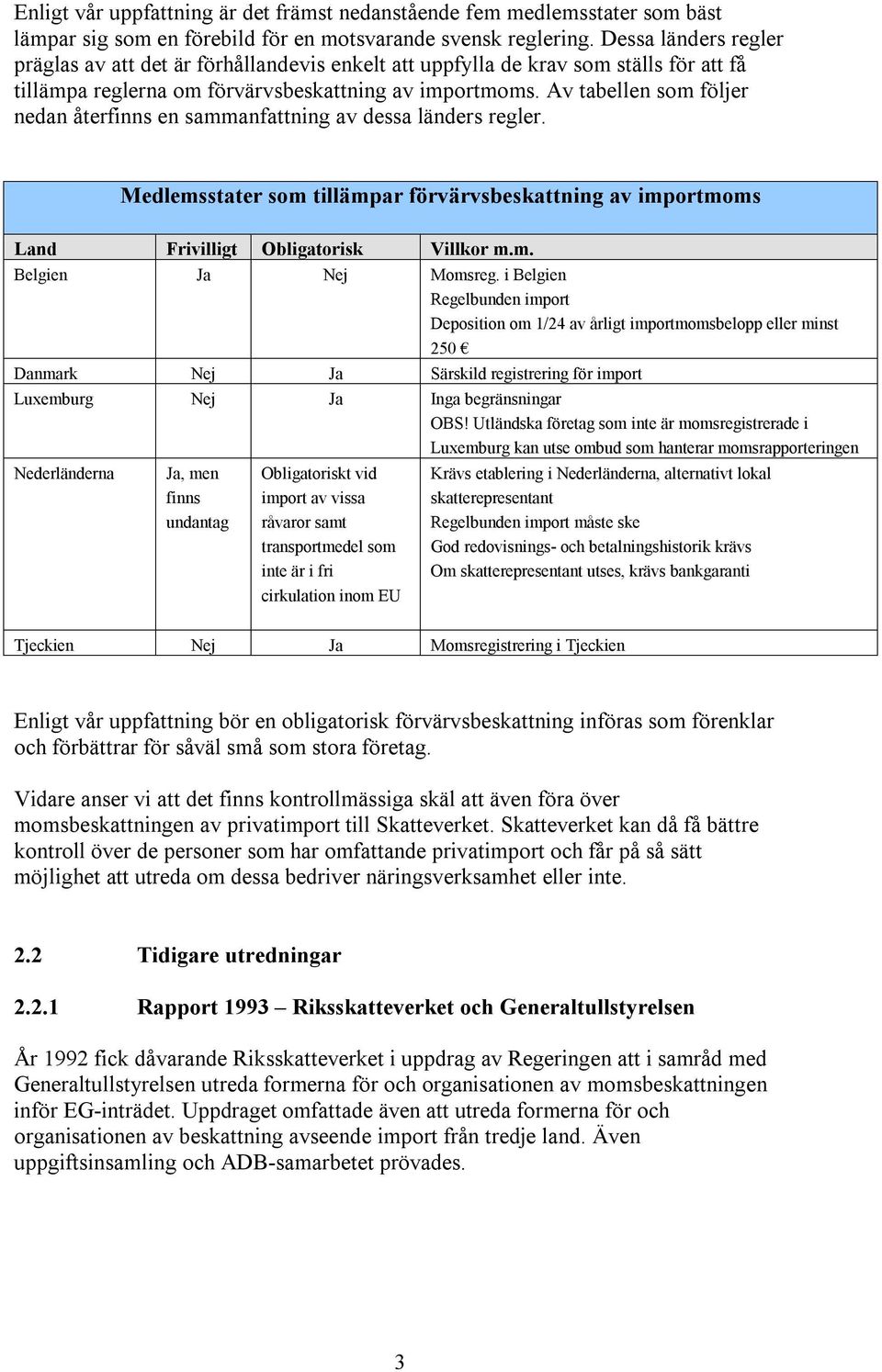 Av tabellen som följer nedan återfinns en sammanfattning av dessa länders regler. Medlemsstater som tillämpar förvärvsbeskattning av importmoms Land Frivilligt Obligatorisk Villkor m.m. Belgien Ja Nej Momsreg.