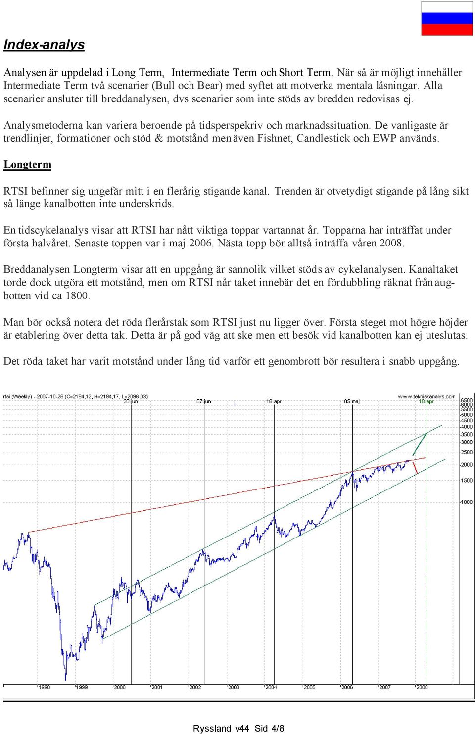 De vanligaste är trendlinjer, formationer och stöd & motstånd men även Fishnet, Candlestick och EWP används. Longterm RTSI befinner sig ungefär mitt i en flerårig stigande kanal.