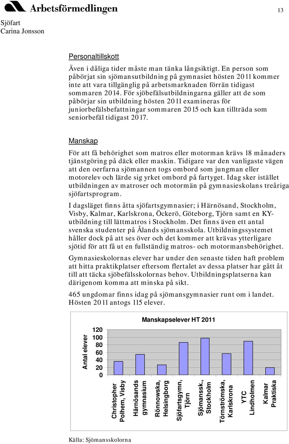 För sjöbefälsutbildningarna gäller att de som påbörjar sin utbildning hösten 211 examineras för juniorbefälsbefattningar sommaren 215 och kan tillträda som seniorbefäl tidigast 217.