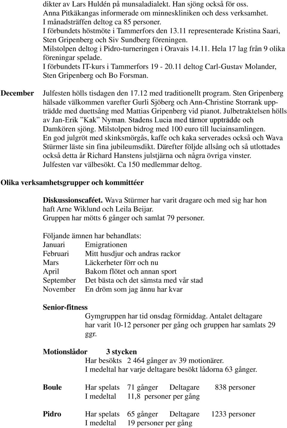 I förbundets IT-kurs i Tammerfors 19-20.11 deltog Carl-Gustav Molander, Sten Gripenberg och Bo Forsman. December Julfesten hölls tisdagen den 17.12 med traditionellt program.