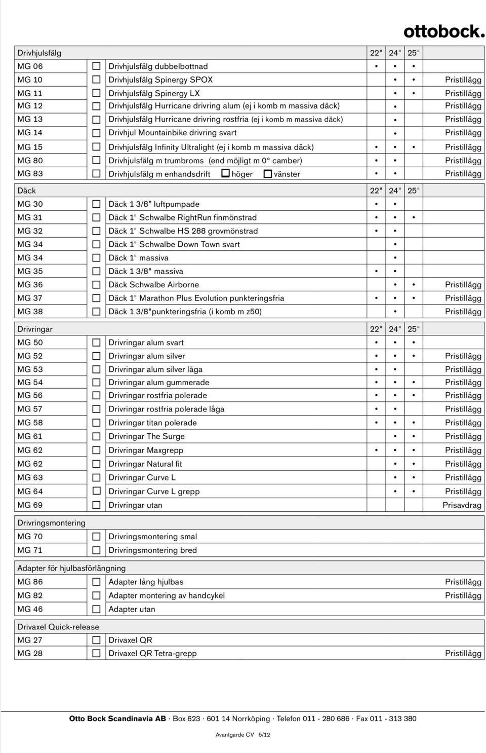 Infinity Ultralight (ej i komb m massiva däck) Pristillägg MG 80 Drivhjulsfälg m trumbroms (end möjligt m 0 camber) Pristillägg MG 83 Drivhjulsfälg m enhandsdrift höger vänster Pristillägg Däck 22"