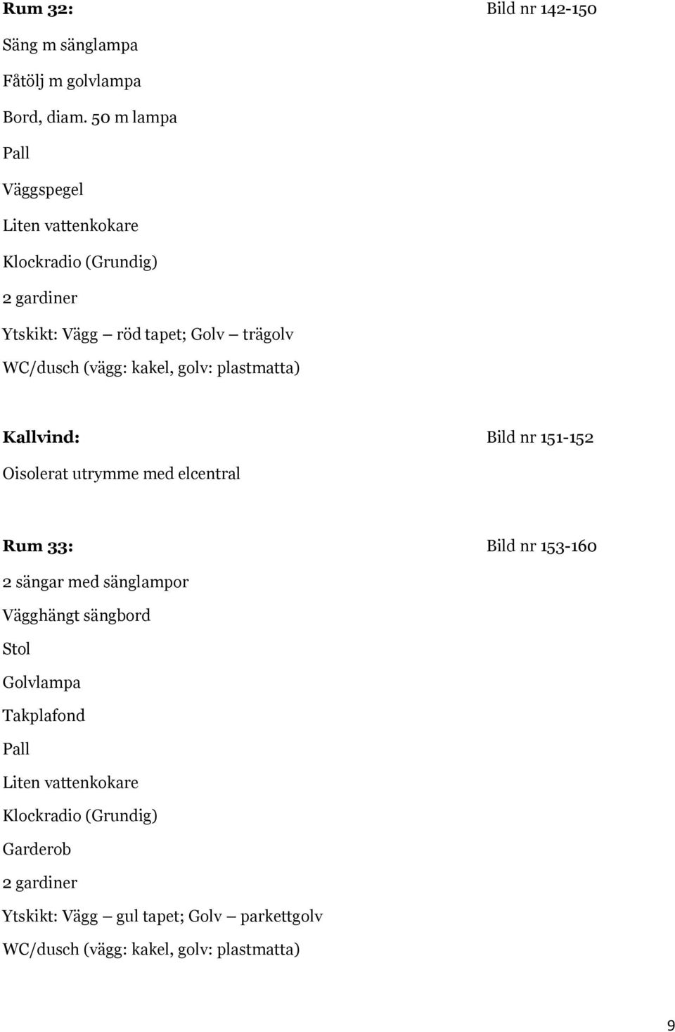 Bild nr 151-152 Oisolerat utrymme med elcentral Rum 33: Bild nr 153-160 2 sängar med sänglampor