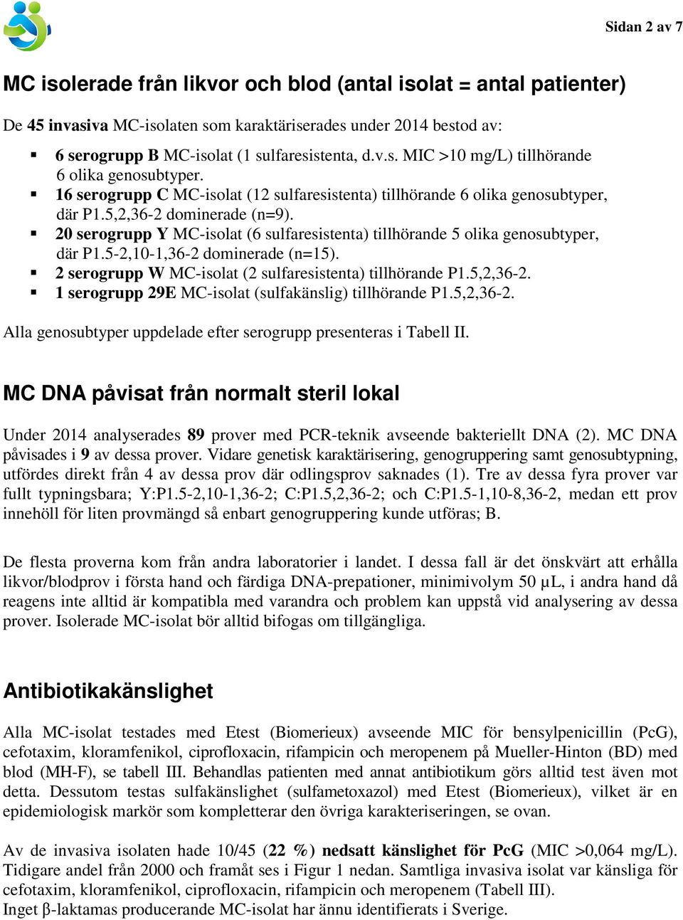 5-2,10-1,36-2 dominerade (n=15). 2 serogrupp W MC-isolat (2 sulfaresistenta) tillhörande P1.5,2,36-2. 1 serogrupp 29E MC-isolat (sulfakänslig) tillhörande P1.5,2,36-2. Alla genosubtyper uppdelade efter serogrupp presenteras i Tabell II.