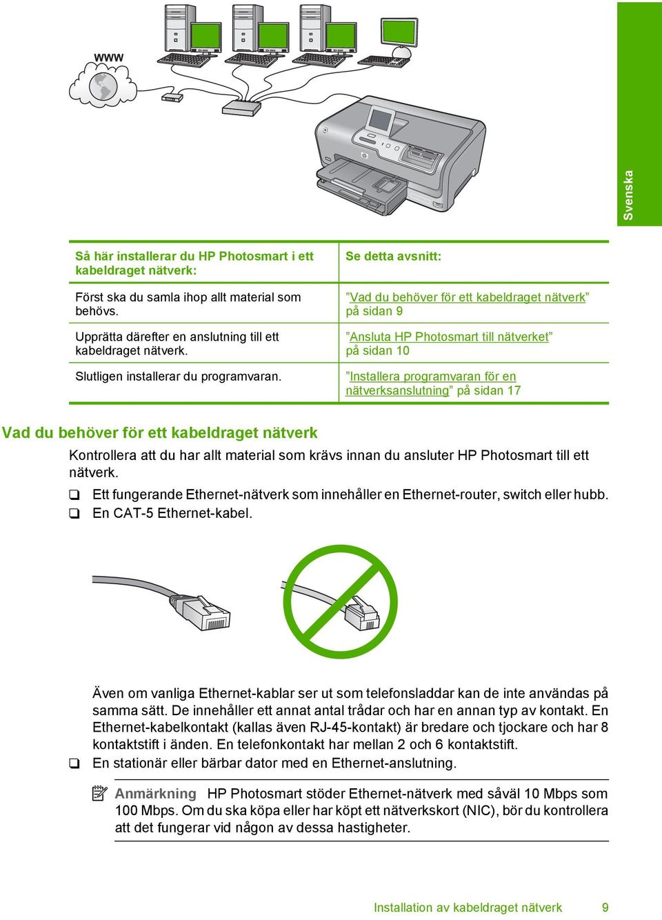 Se detta avsnitt: Vad du behöver för ett kabeldraget nätverk på sidan 9 Ansluta HP Photosmart till nätverket på sidan 10 Installera programvaran för en nätverksanslutning på sidan 17 Vad du behöver