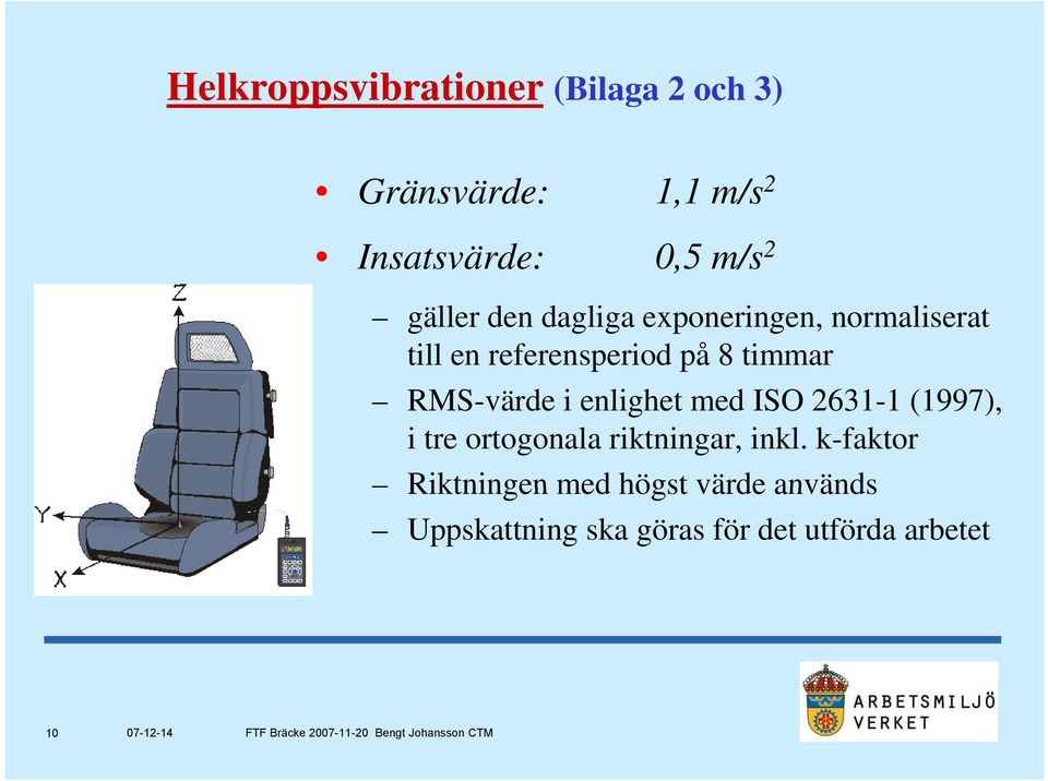 RMS-värde i enlighet med ISO 2631-1 1 (1997), i tre ortogonala riktningar, inkl.