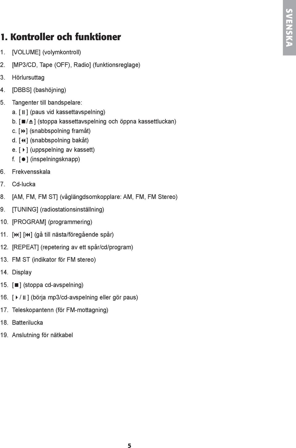 [ ] (inspelningsknapp) 6. Frekvensskala 7. Cd-lucka 8. [AM, FM, FM ST] (våglängdsomkopplare: AM, FM, FM Stereo) 9. [TUNING] (radiostationsinställning) 10. [PROGRAM] (programmering) 11.