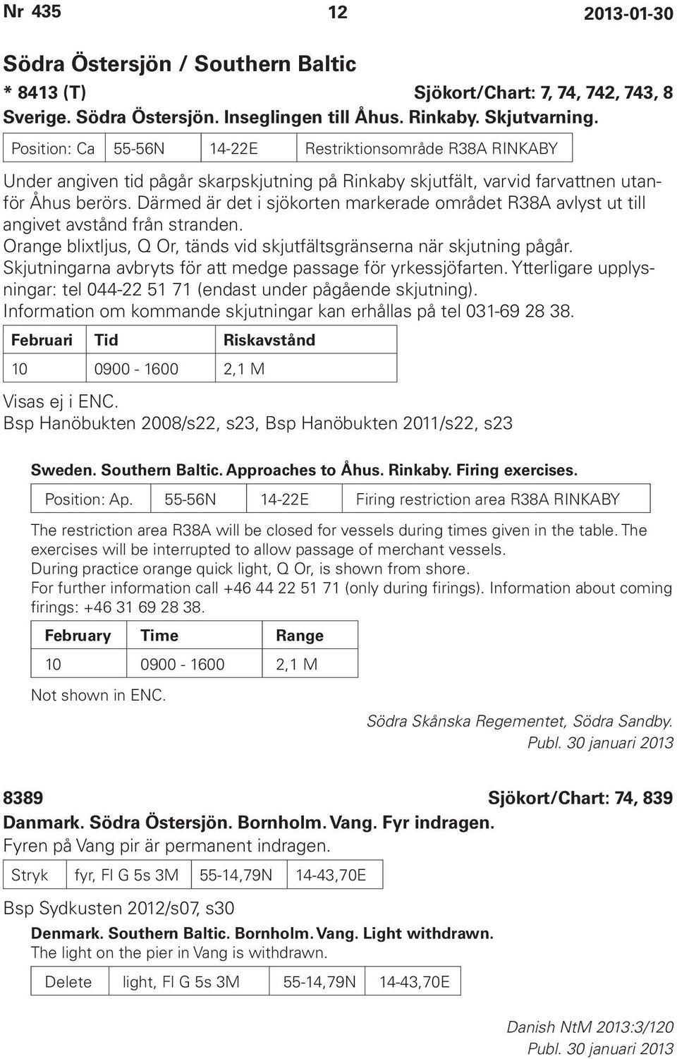 Därmed är det i sjökorten markerade området R38A avlyst ut till angivet avstånd från stranden. Orange blixtljus, Q Or, tänds vid skjutfältsgränserna när skjutning pågår.