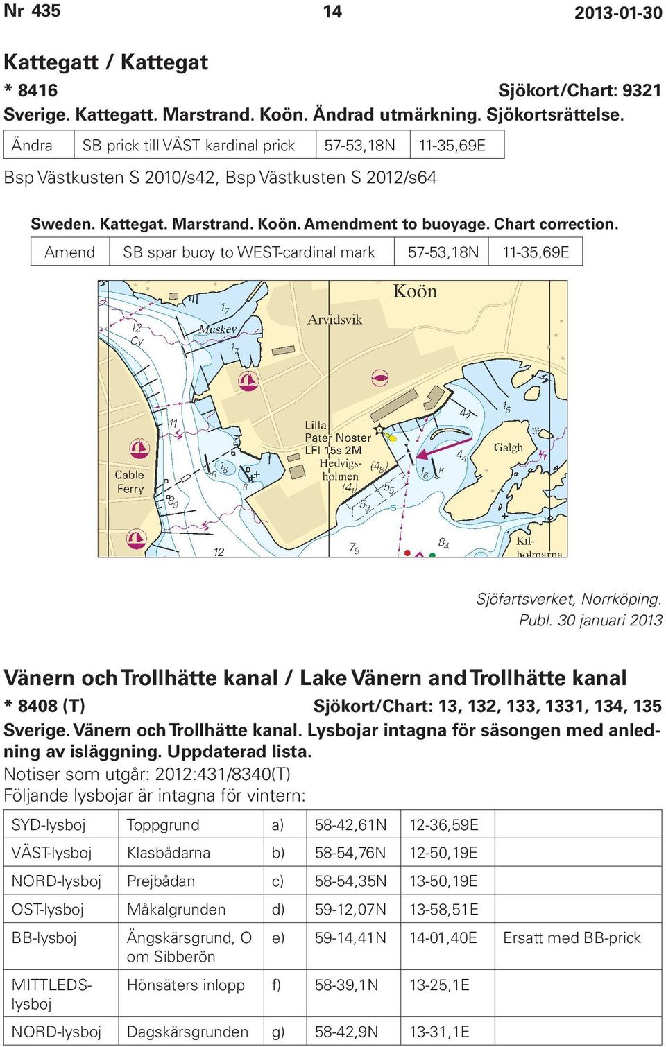 Amend SB spar buoy to WEST-cardinal mark 57-53,18N 11-35,69E Sjöfartsverket, Norrköping. Publ.