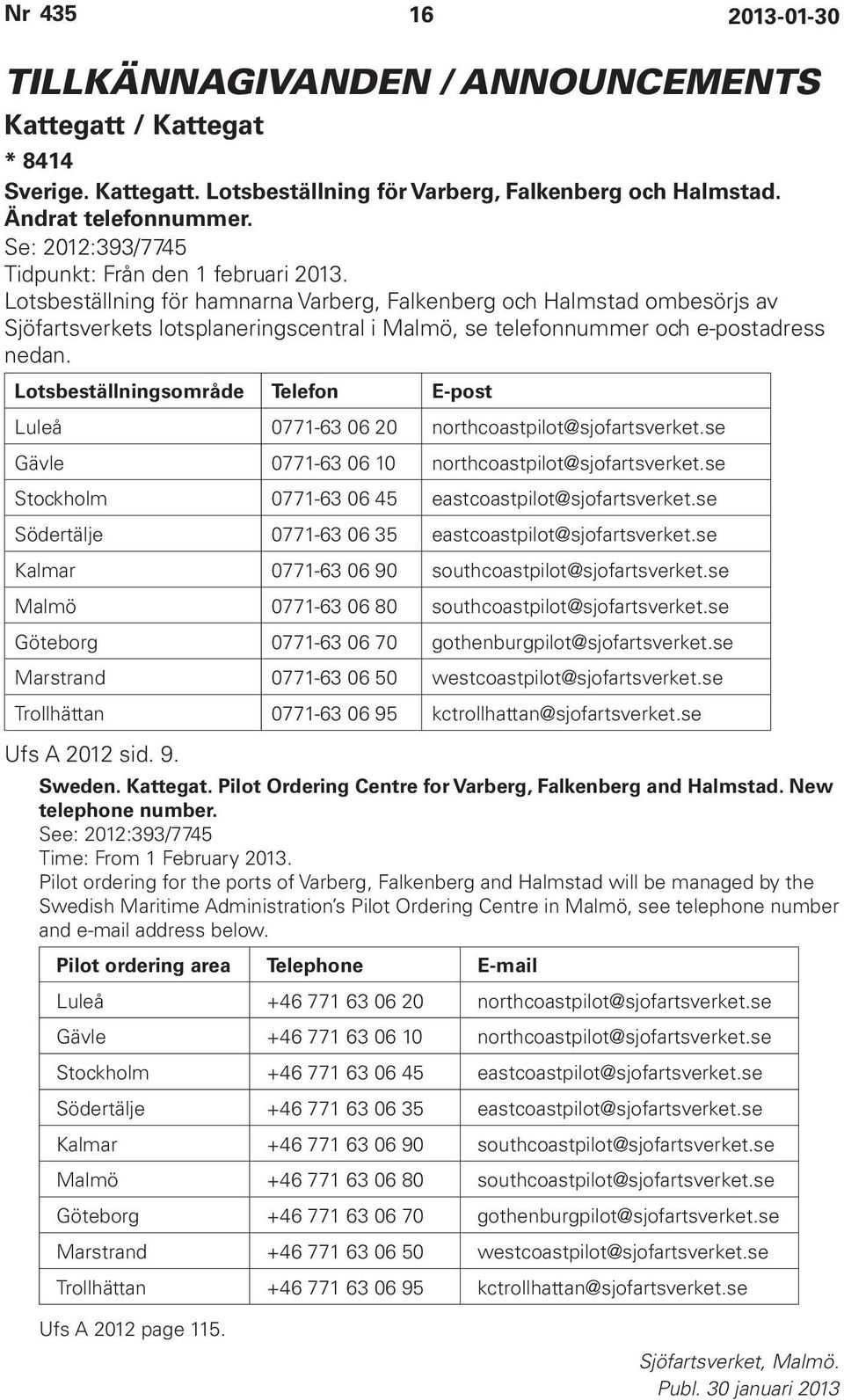 Lotsbeställning för hamnarna Varberg, Falkenberg och Halmstad ombesörjs av Sjöfartsverkets lotsplaneringscentral i Malmö, se telefonnummer och e-postadress nedan.