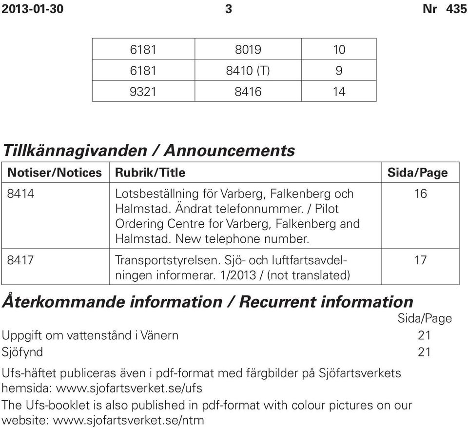 Sjö- och luftfartsavdelningen informerar.