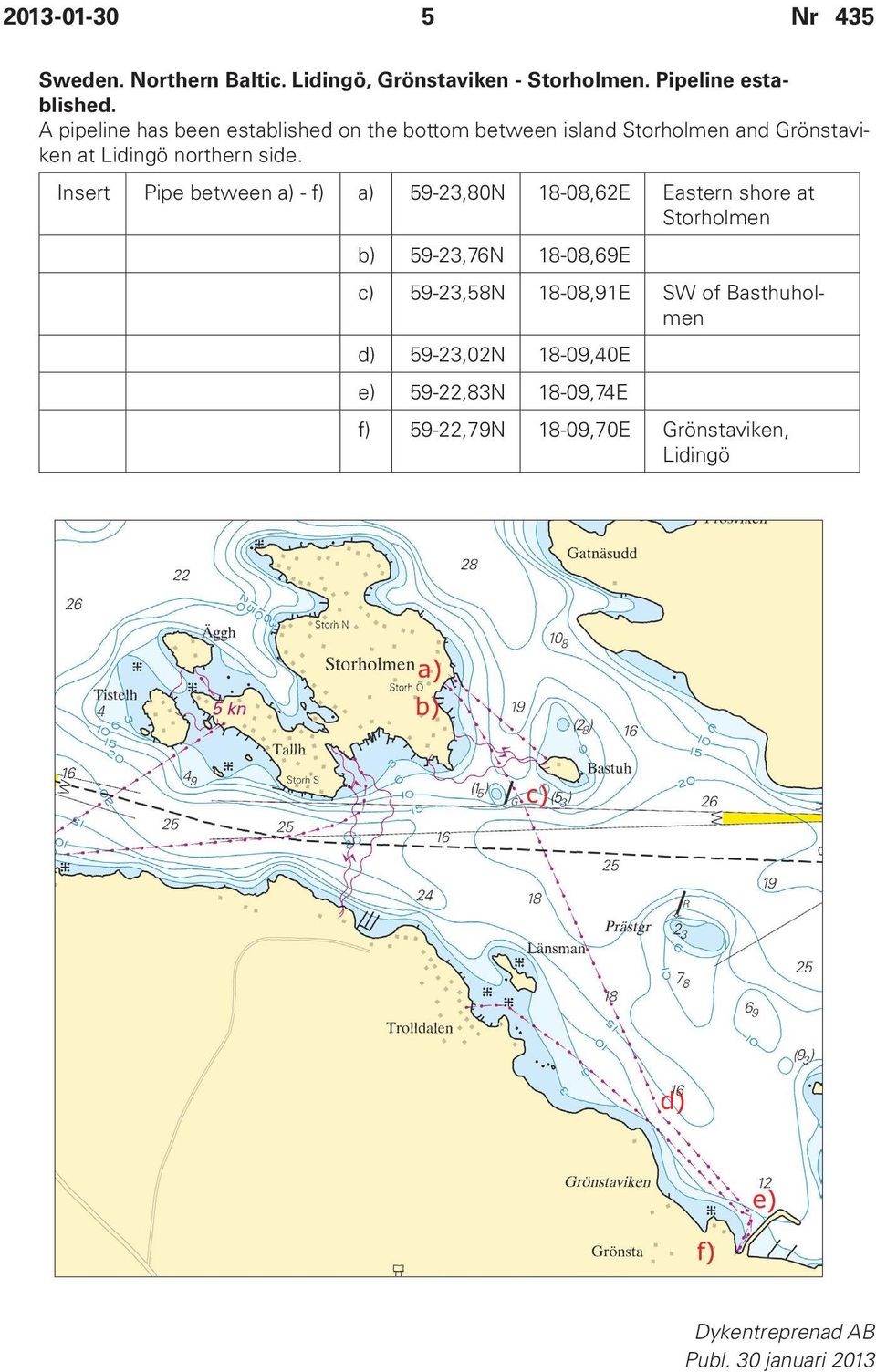 Insert Pipe between a) - f) a) 59-23,80N 18-08,62E Eastern shore at Storholmen b) 59-23,76N 18-08,69E c) 59-23,58N